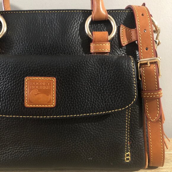 Dooney & Bourke Pebble Grain Leather Medium Pocket Satchel Black with Brown Trim - Picture 11 of 15